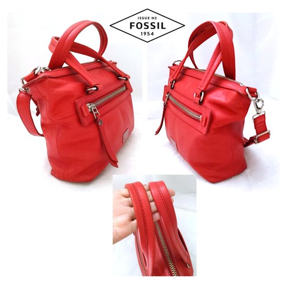 FOSSIL Issue No. 1954 Orange Red Cow Hide Leather Crossbody Satchel Shoulder Bag - Picture 5 of 13